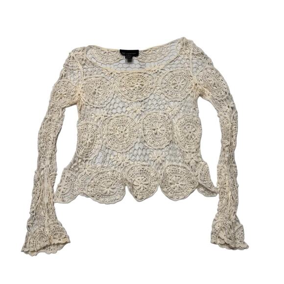 INC Vintage 100% Cotton Crotchet Cream Bell Sleeved Perfect Layering Top %Cotton - Picture 4 of 5